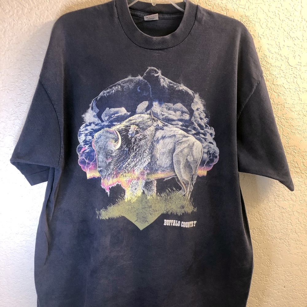 Vintage 90 Buffalo County Buffalo Storm Lightning Single Stitch T Shirt Size XXL - Picture 1 of 6